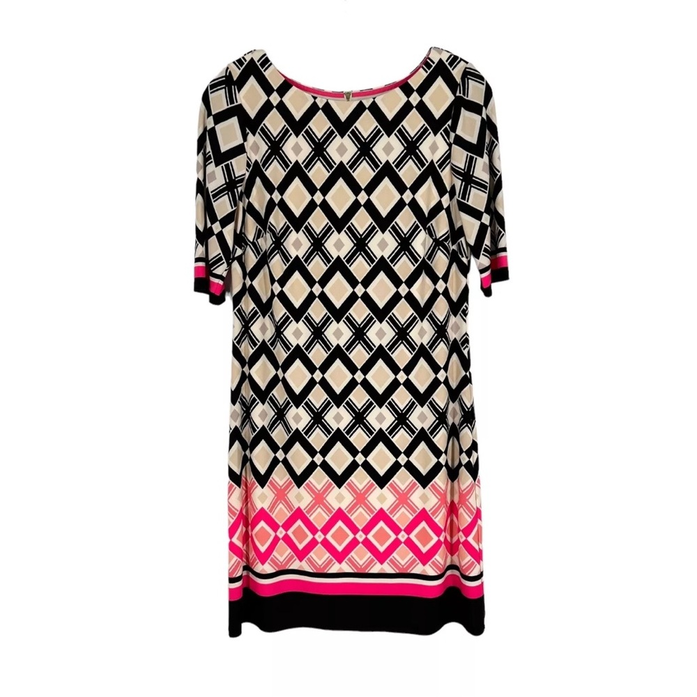Eliza J Shift Dress Womens Size 6 Black Pink Lattice Print Stretch Knit Lined